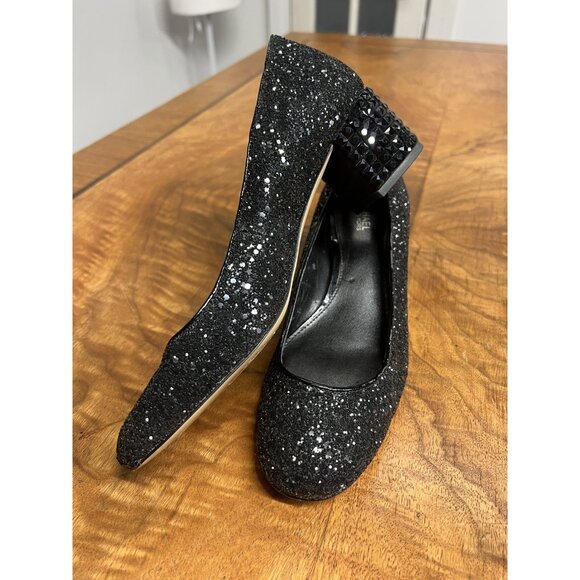 Michael Kors Woman’s 7 Black Leather Glitter Arabella Studded Heels Kitten Pumps - Picture 1 of 8
